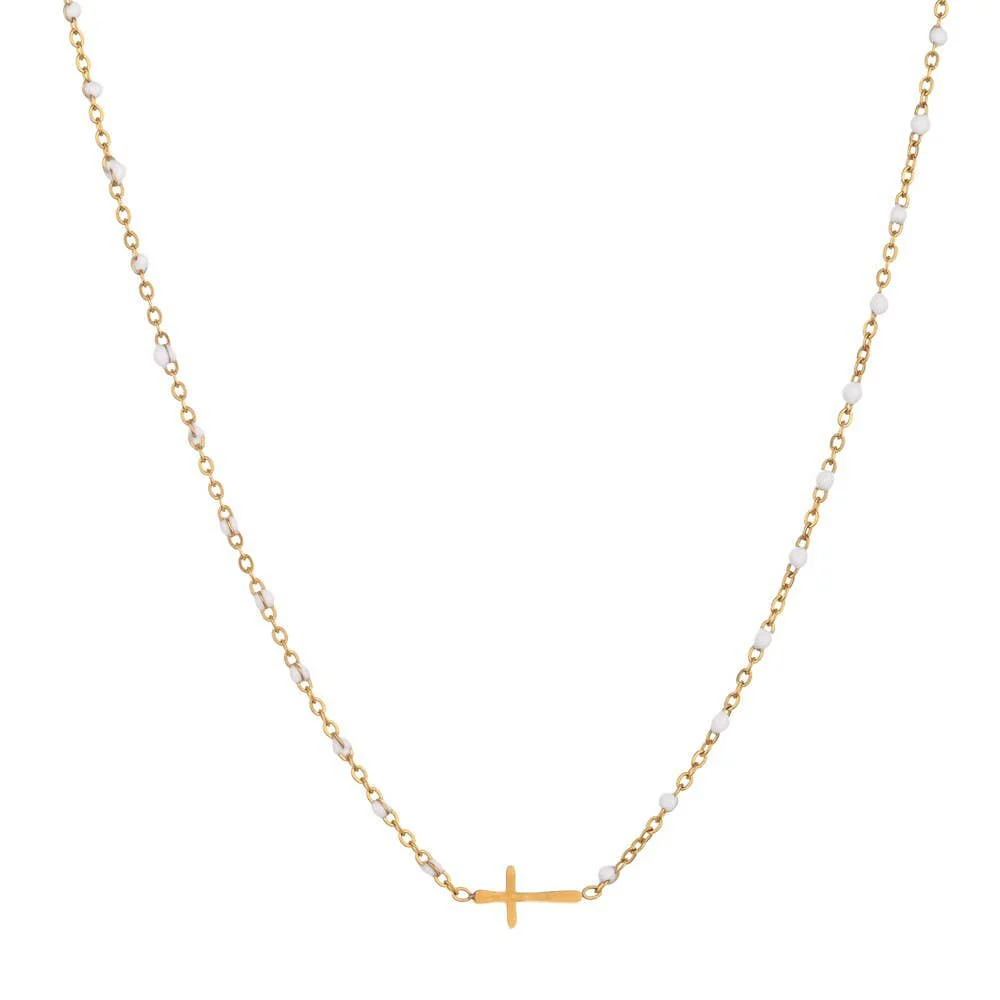 White Cherish Beaded Cross Necklace