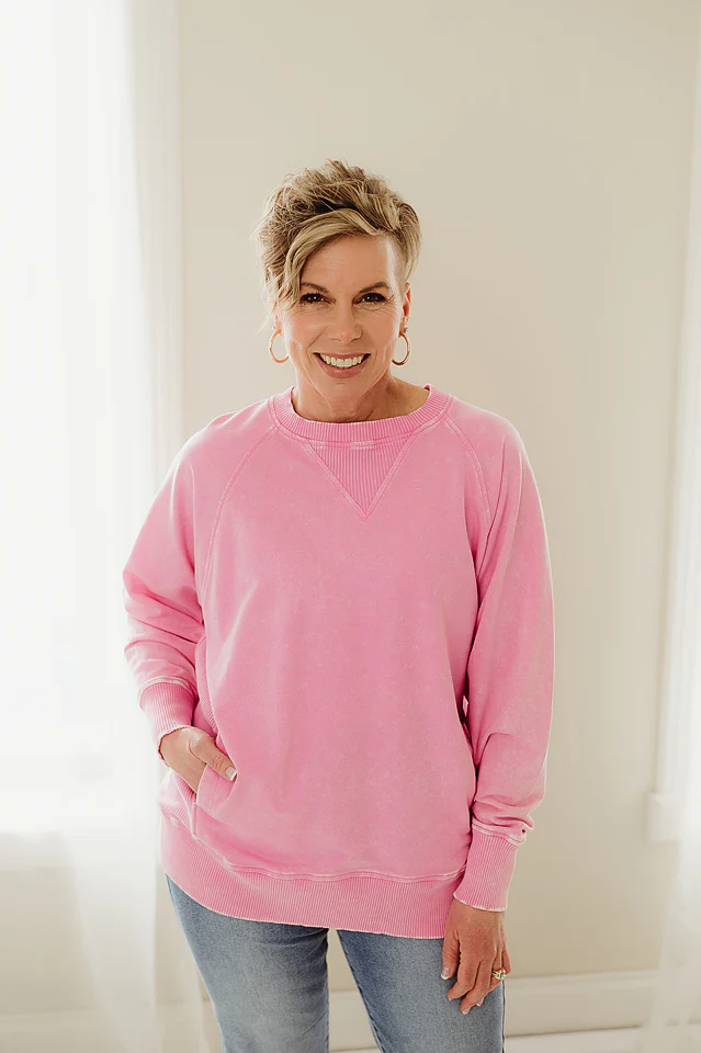 Candy Pink Acid Washed Pocket Pullover