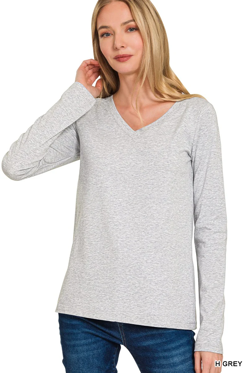 Grey Cotton Long Sleeve V-Neck