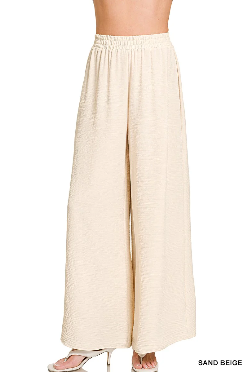 Sand Beige Flowy Woven Wide Leg Pants