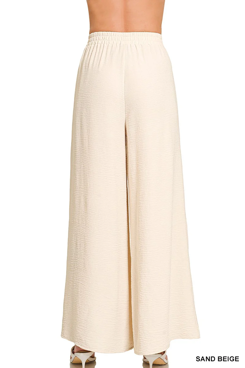 Sand Beige Flowy Woven Wide Leg Pants - Image 2