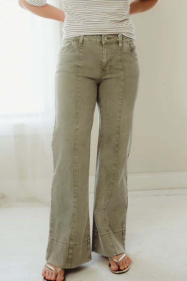 Light Olive Front Seam Wide Leg Denim