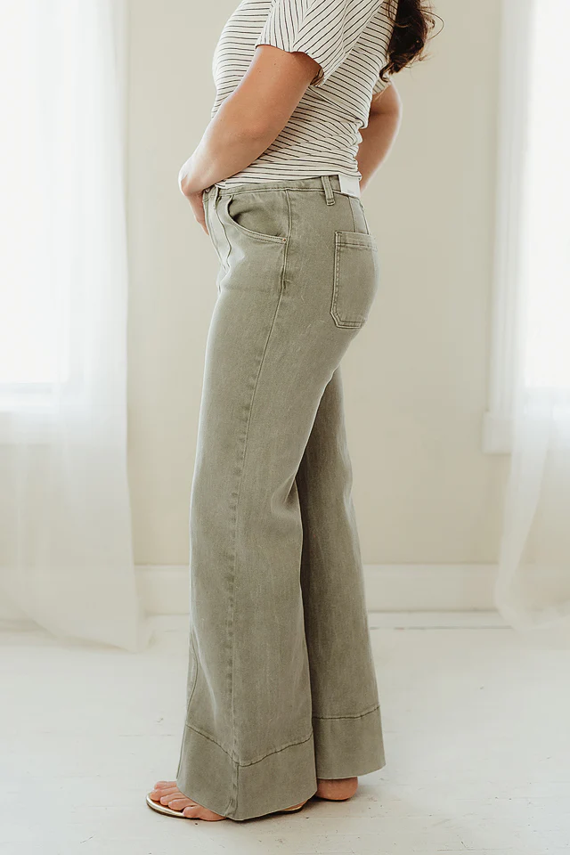 Light Olive Front Seam Wide Leg Denim - Image 3