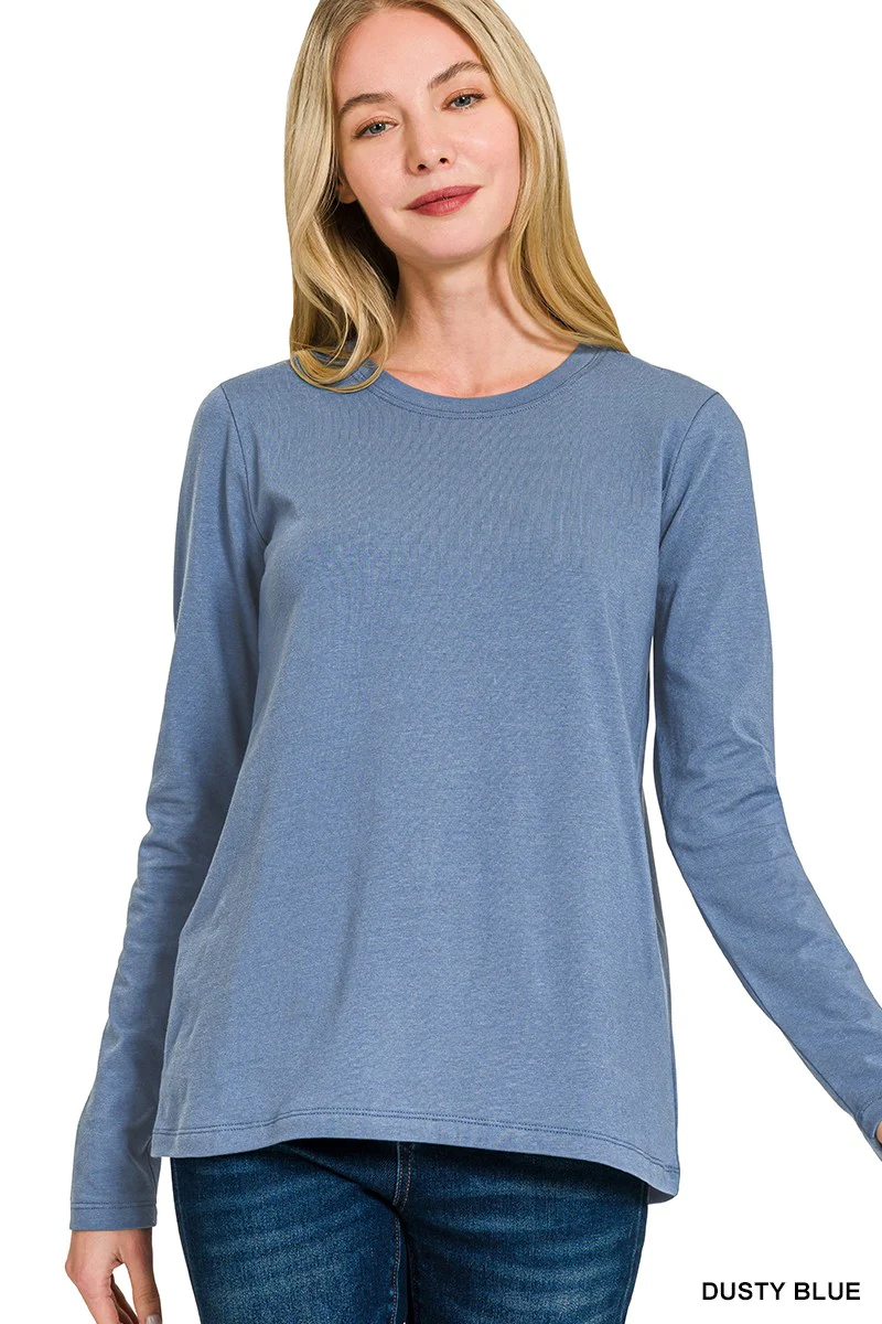 Dusty Blue Cotton Long Sleeve Crew