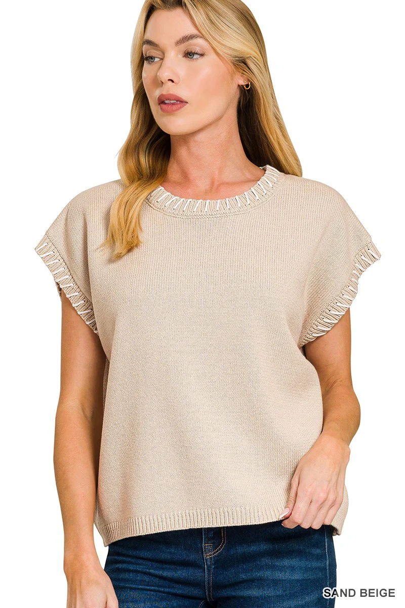 Sand Beige Edge Stitch Sweater Vest
