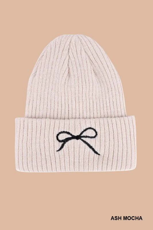 Ivory Embroidered Bow Beanie