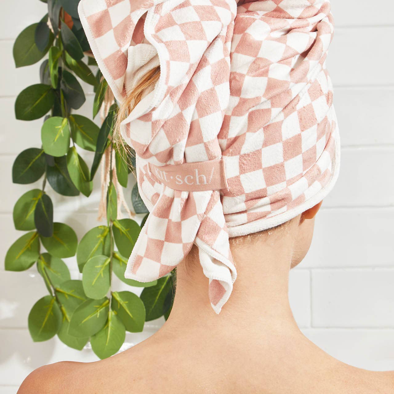 Quick Dry Hair Wrap - Terracotta Checker - XL - Image 8