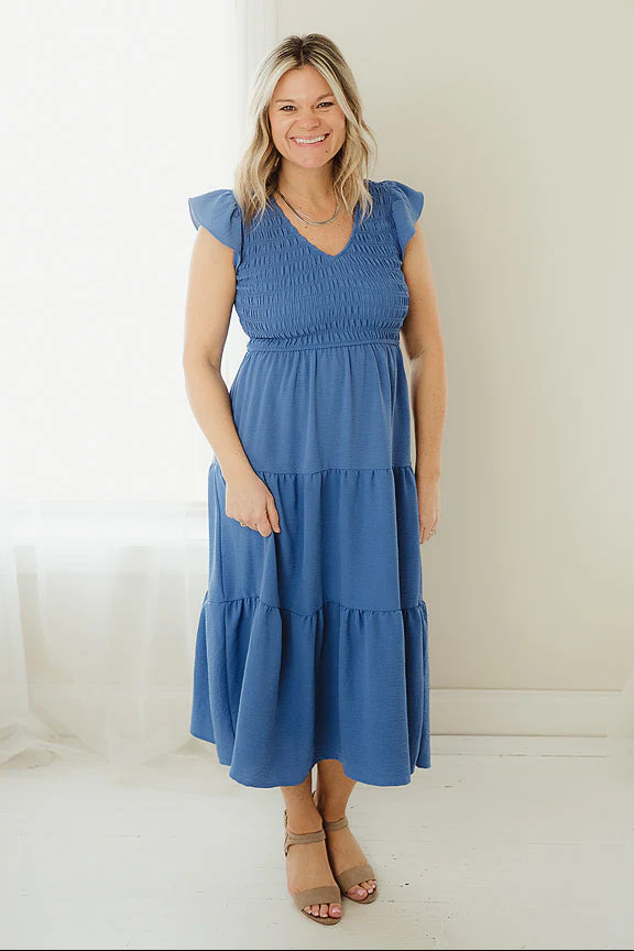 Flutter Sleeve Smocked Midi