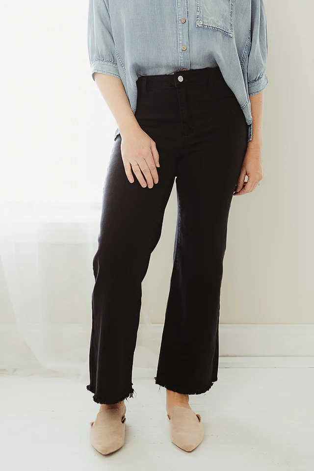 Black Frayed Straight Wide Leg