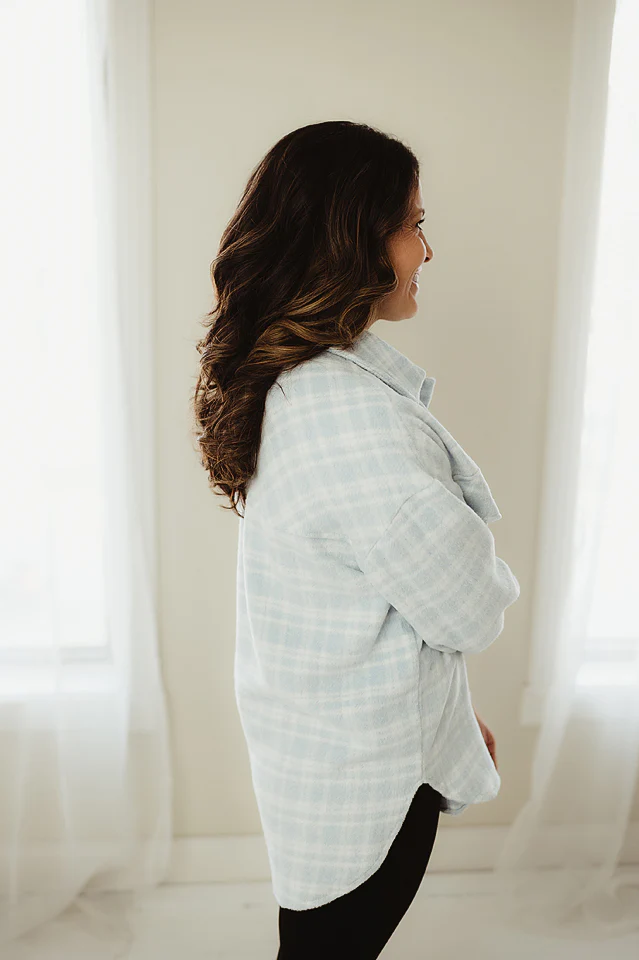 Light Blue Plaid Print Shacket - Image 3