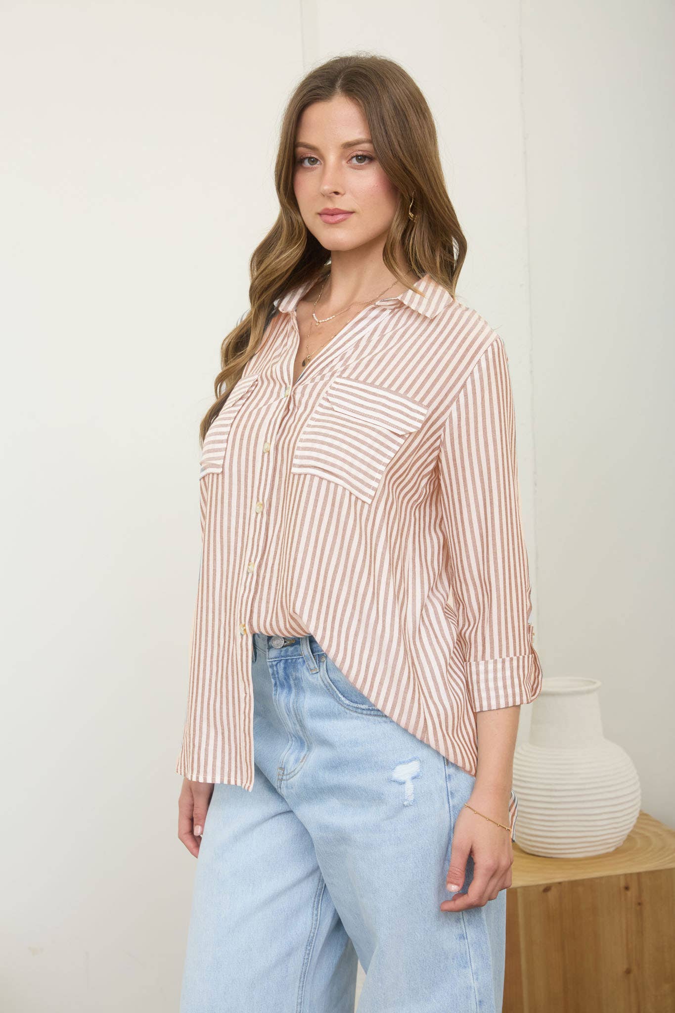 Peach Lightweight Striped Button Down