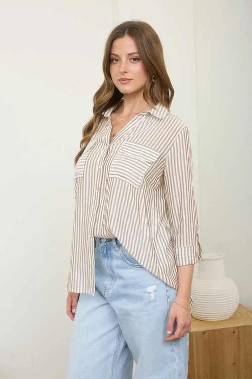 Light Mocha Lightweight Striped Button Down