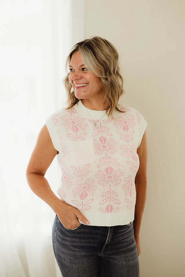 Pink Camellia Flower Pattern Sweater - Image 2