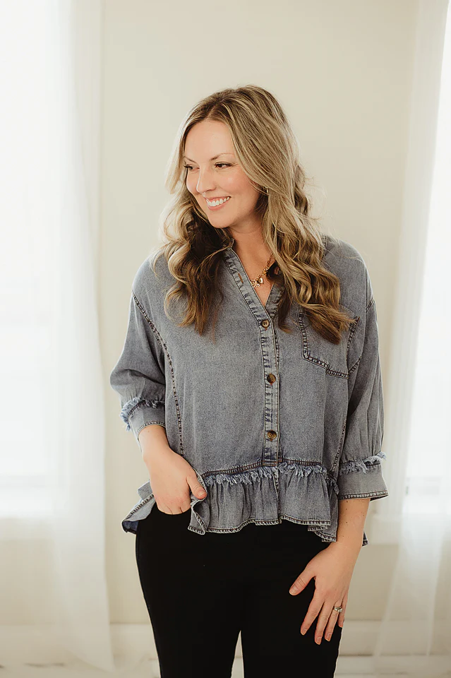 Mineral Washed Ruffle Hem Shirt