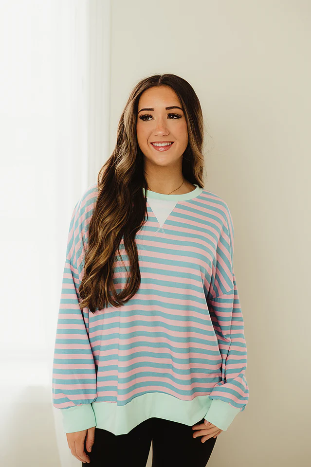 Teal & Blush Ribbed Hem Stripe Pullover