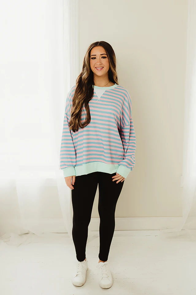 Teal & Blush Ribbed Hem Stripe Pullover - Image 2