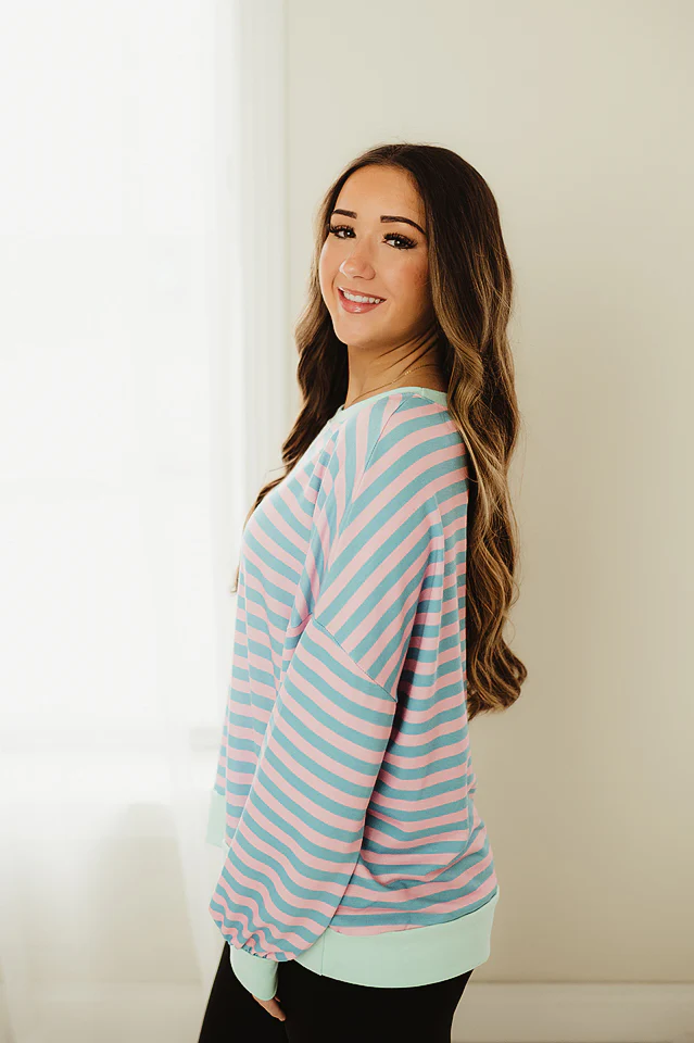 Teal & Blush Ribbed Hem Stripe Pullover - Image 3
