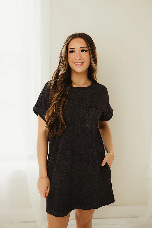 Black Washed Pocket Tee Dress