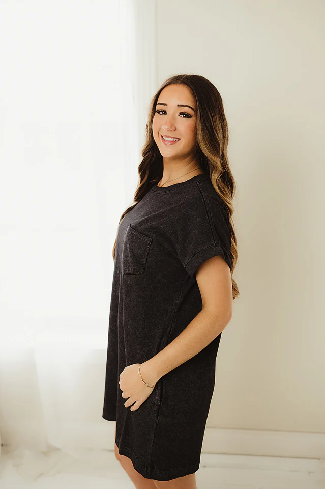Black Washed Pocket Tee Dress - Image 3