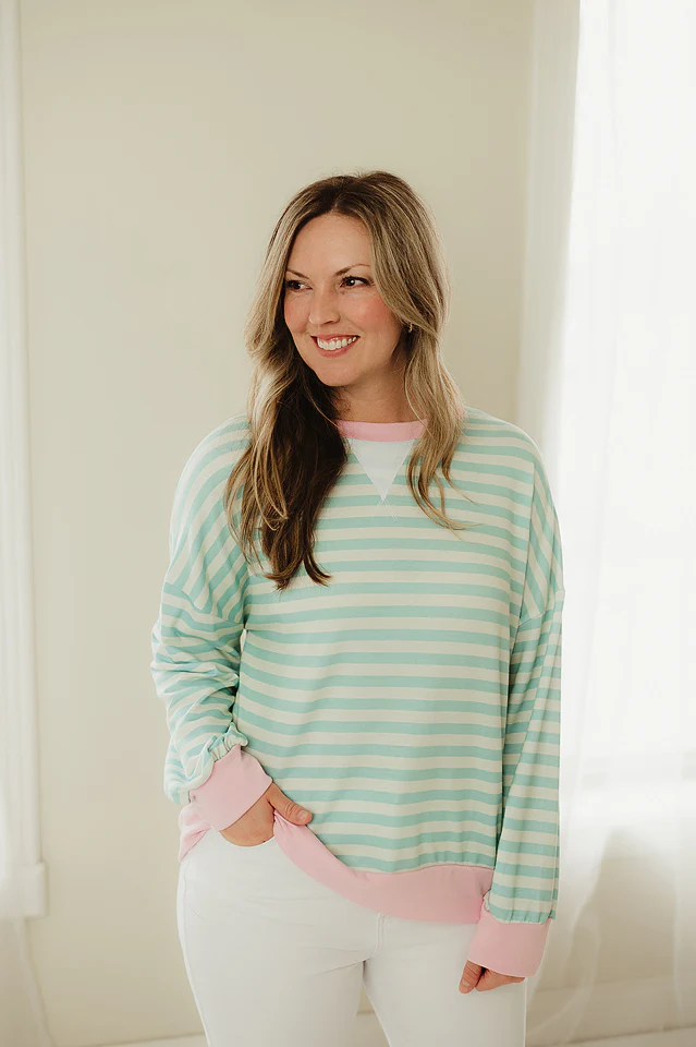 Mint & Fuchsia Ribbed Hem Stripe Pullover