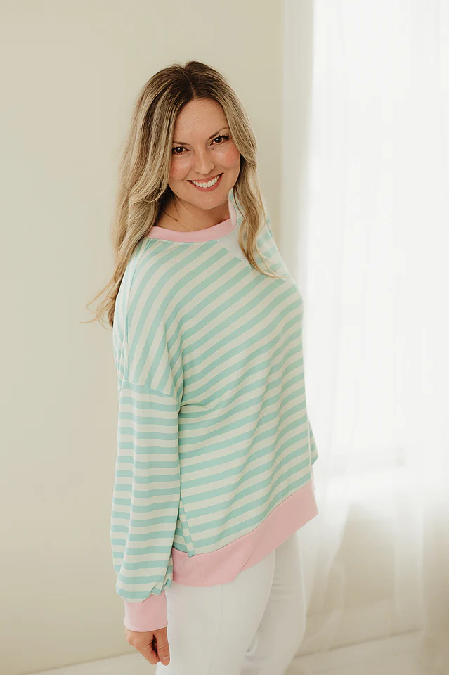 Mint & Fuchsia Ribbed Hem Stripe Pullover - Image 3