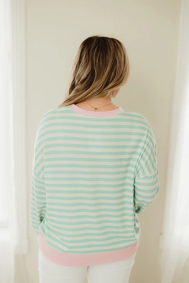 Mint & Fuchsia Ribbed Hem Stripe Pullover - Image 4