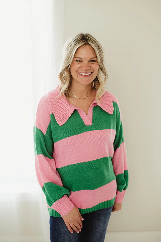 Pink & Green Collared Oversized Sweater