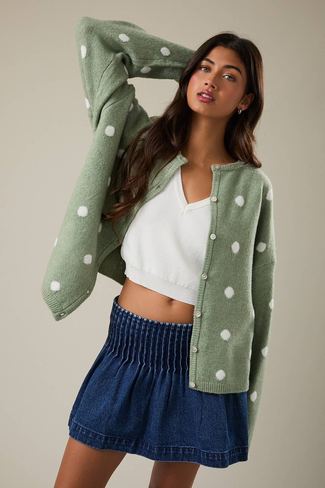Sage & White Polka Dot Cardigan - Image 2