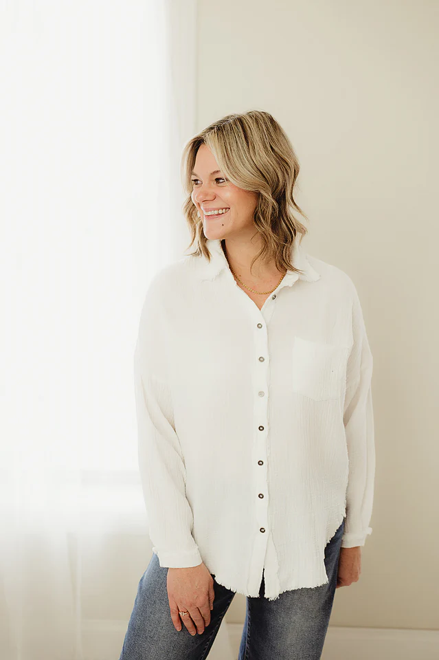 White Raw Edge Oversized Shirt