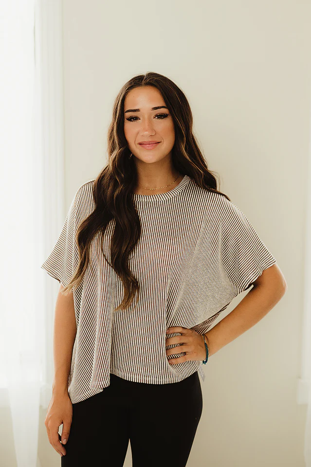 Brown Ribbed Striped Flowy Top