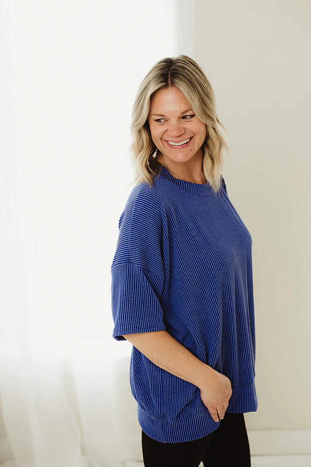 Royal Blue Wave Rib Oversized Pullover - Image 2