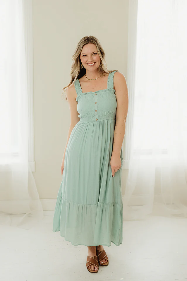 Shirred Button Midi Dress