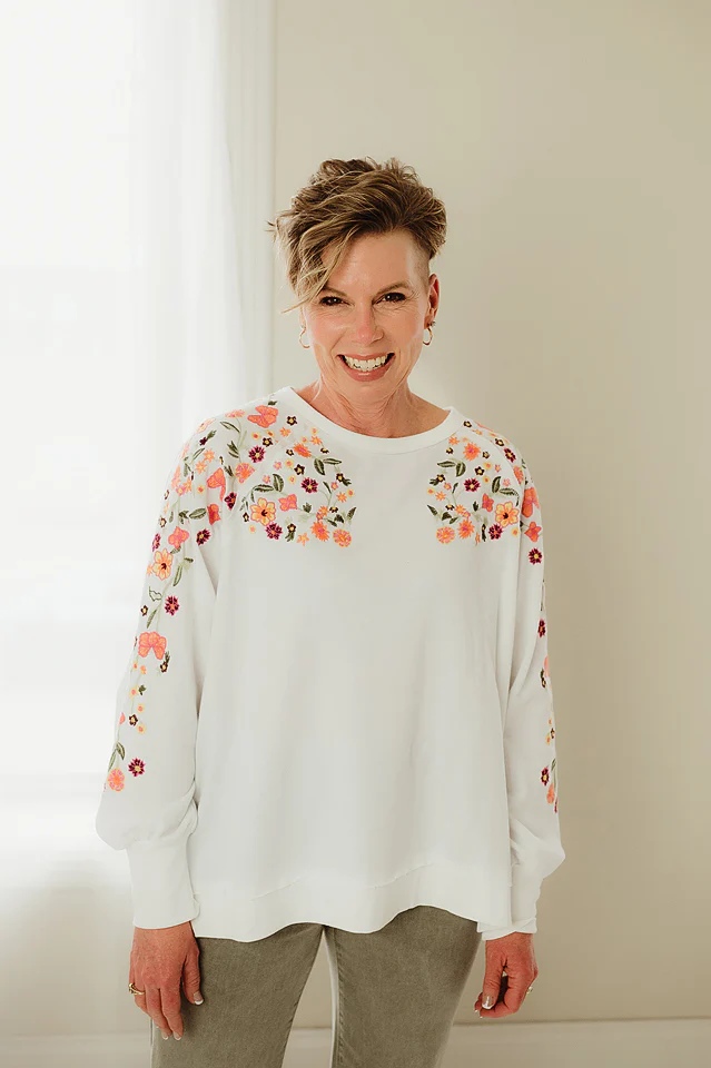 White Stitched Floral Pullover