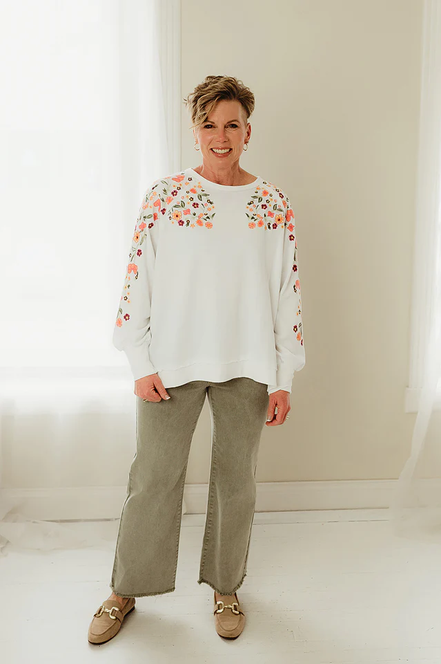 White Stitched Floral Pullover - Image 2