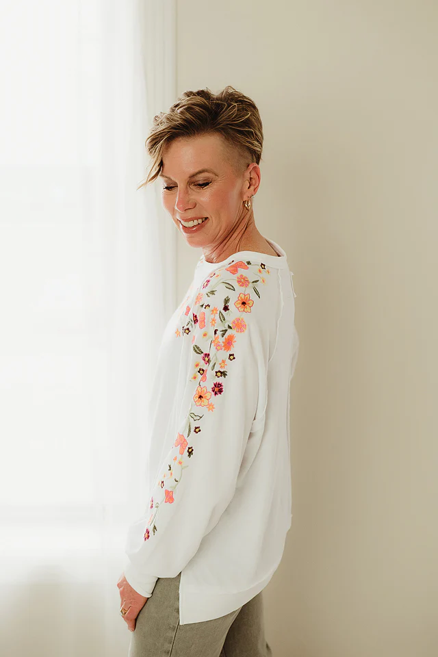 White Stitched Floral Pullover - Image 3