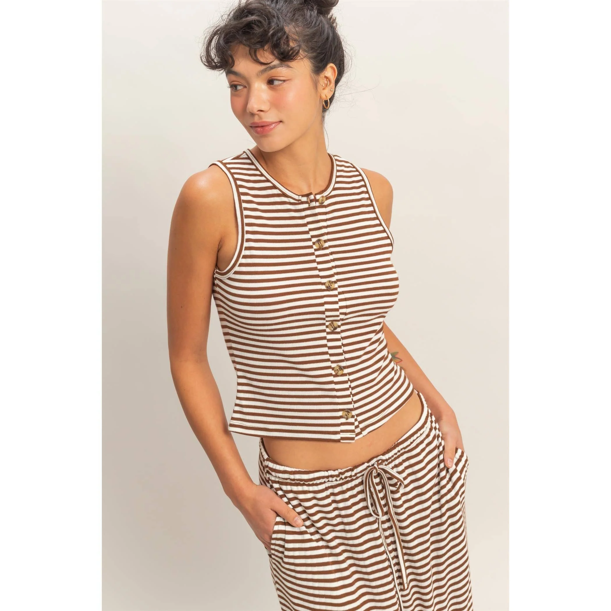 Brown Striped Button Crew Tank