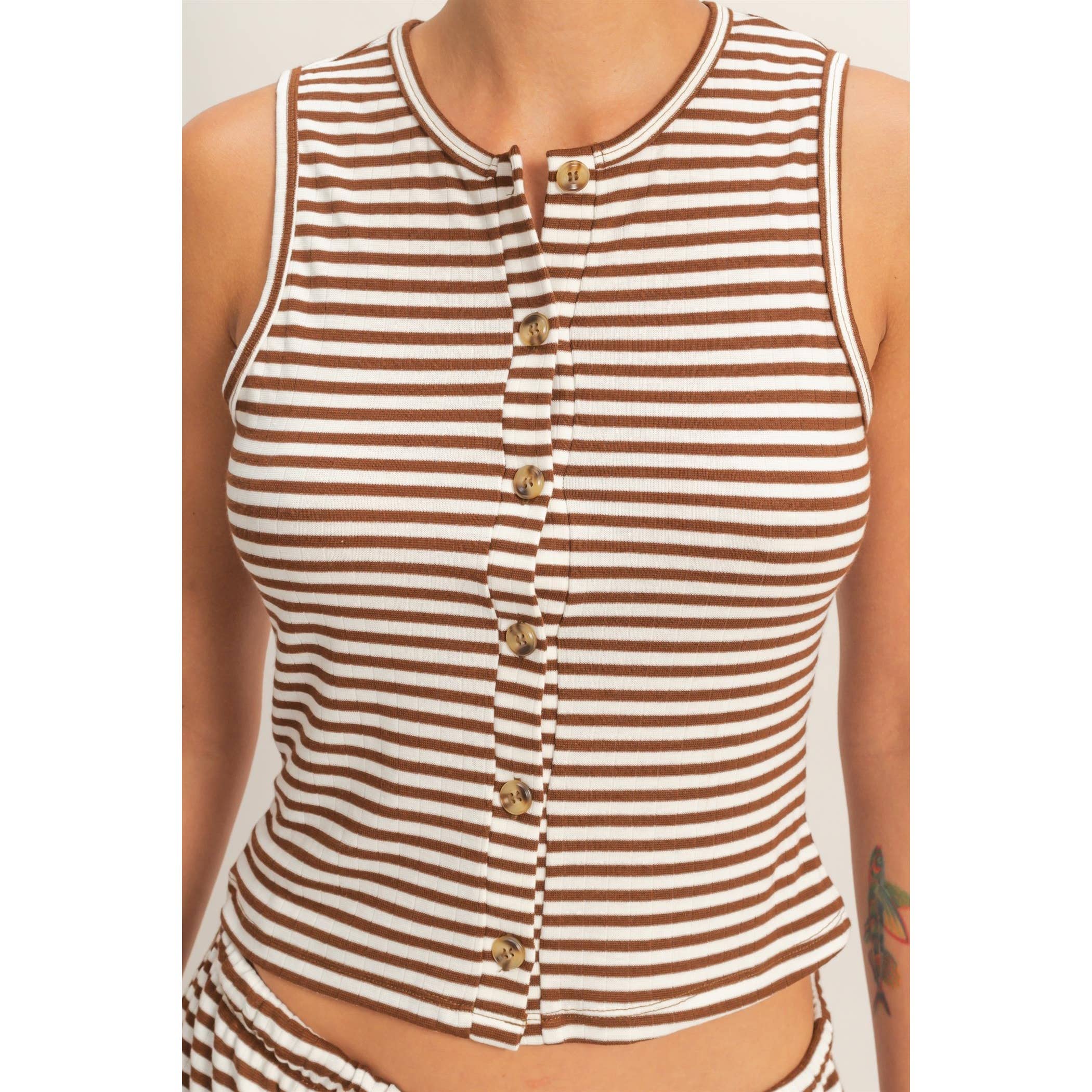 Brown Striped Button Crew Tank - Image 5