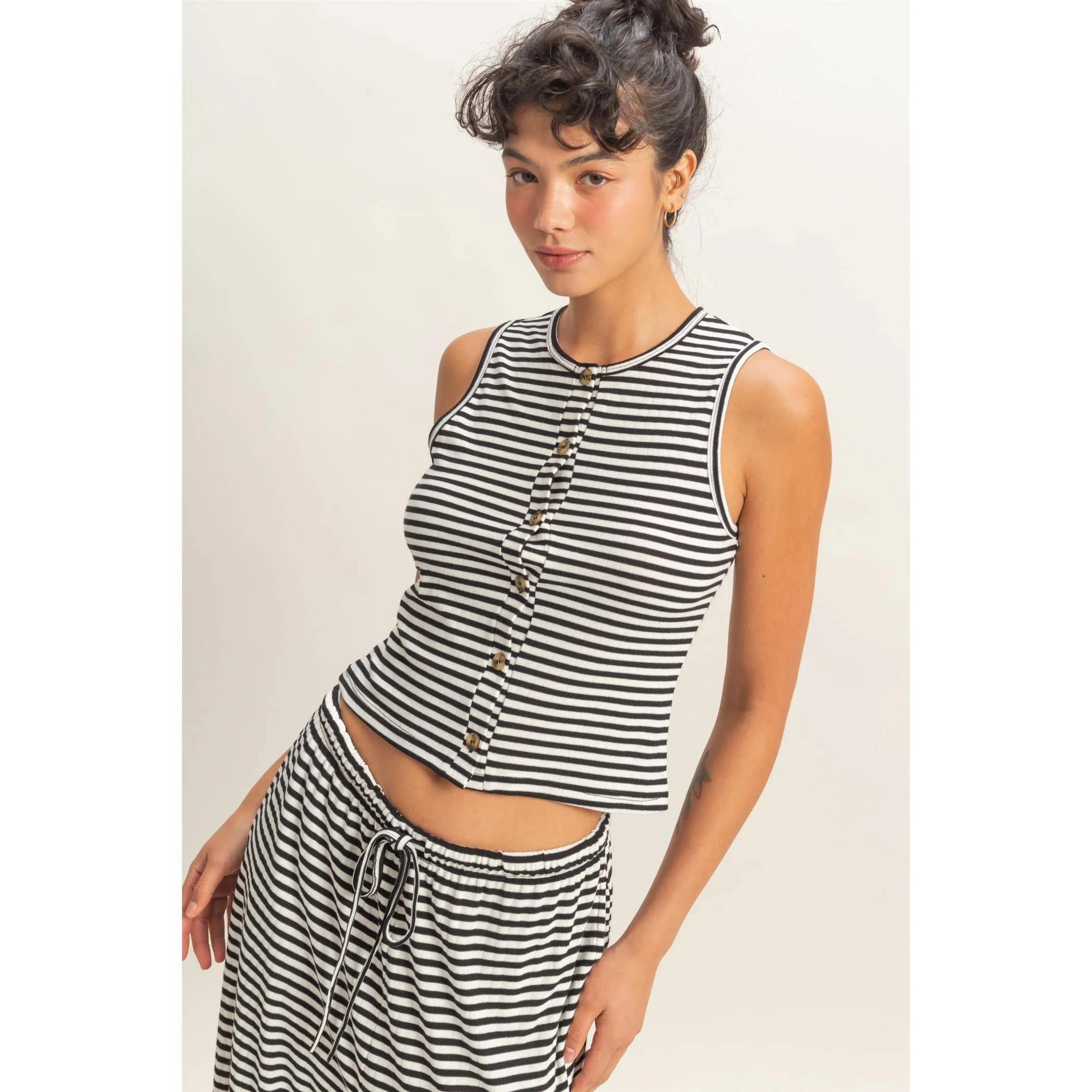 Black Striped Button Crew Tank