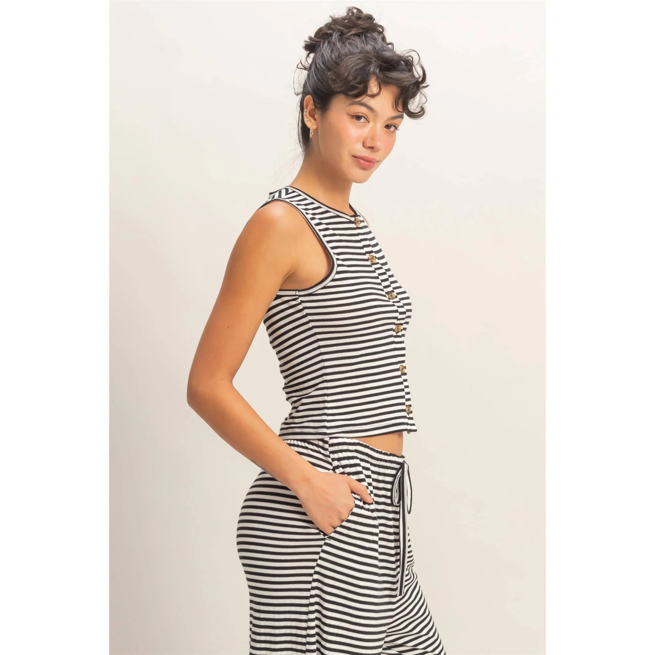 Black Striped Button Crew Tank - Image 2
