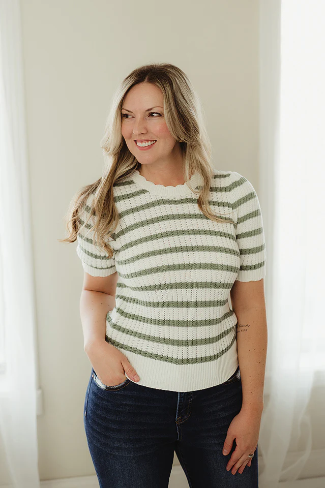 Sage Striped Scallop Top