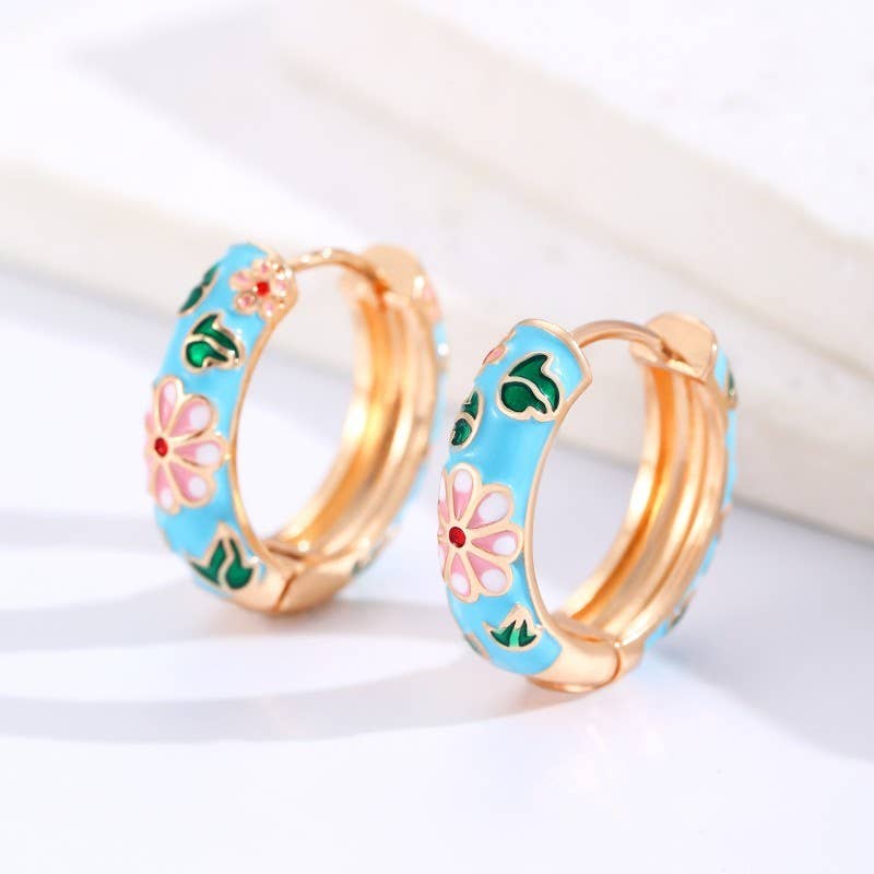 Blue Vintage Floral Hoop Earrings