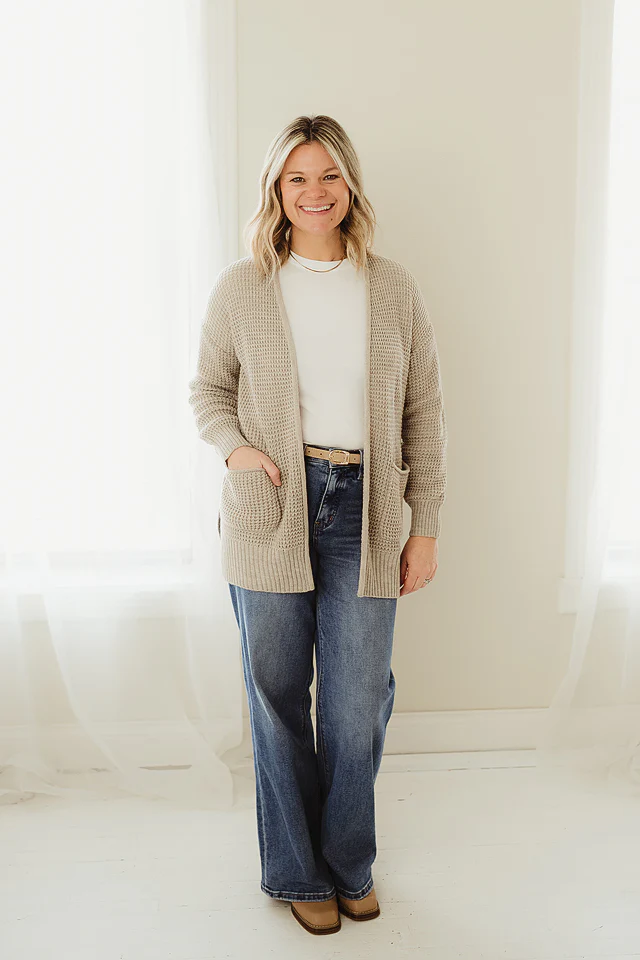 Heather Beige Waffle Open Cardigan - Image 2