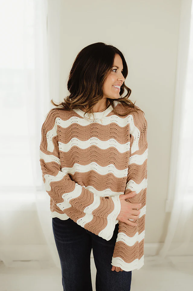 Taupe & White Ripple Effect Knit Pullover