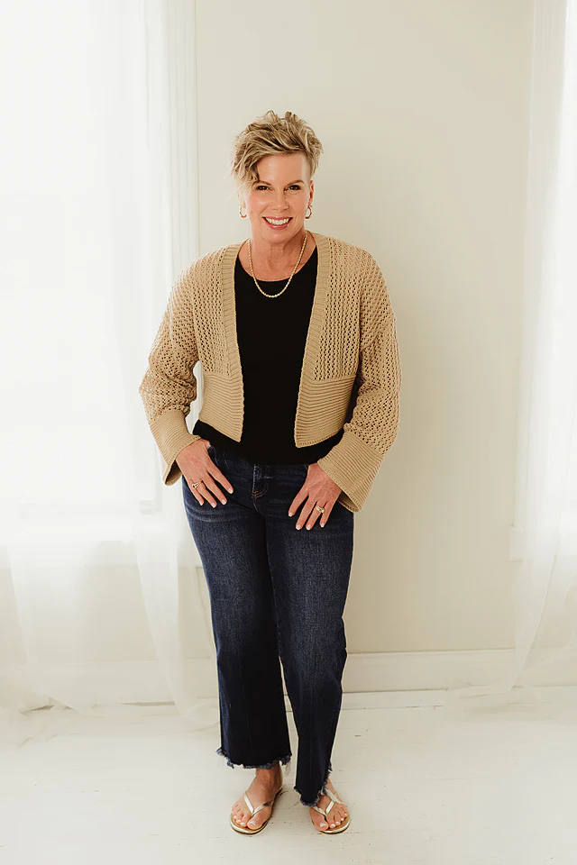Taupe Wide Sleeve Crop Cardigan - Image 2