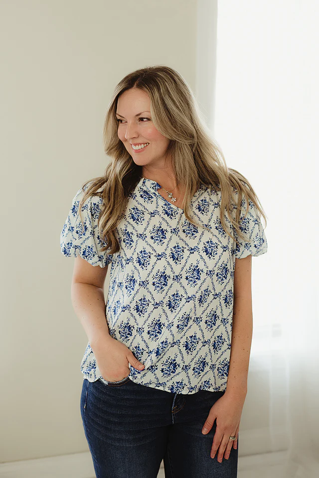 Blue Garden Puff Sleeve Blouse